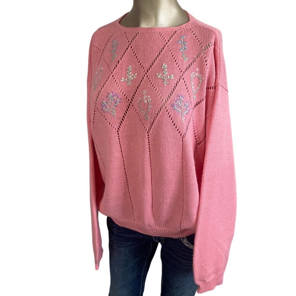 Vintage 80s Alicia Pink Embroidered Pointelle Knit Sweater Size 40 / 20W